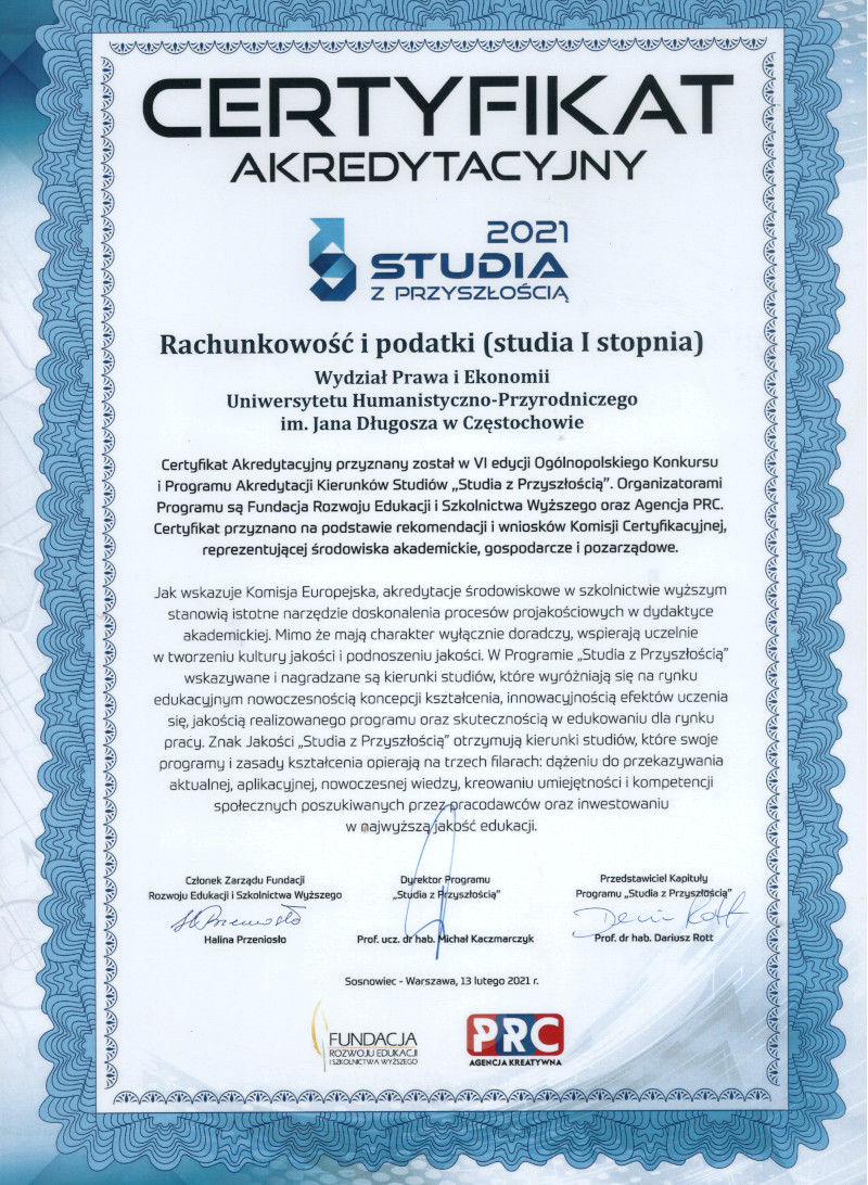 Certyfikat Akredytacyjny dla kierunku Rachnkowość i podatki na UJD
